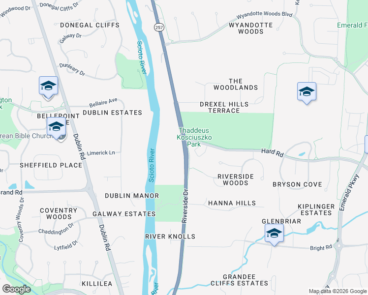 map of restaurants, bars, coffee shops, grocery stores, and more near 7569 Riverside Drive in Dublin