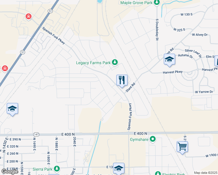 map of restaurants, bars, coffee shops, grocery stores, and more near 859 North Plainsman Drive in Spanish Fork
