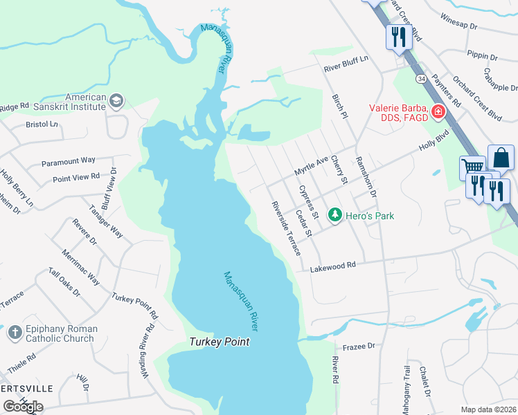 map of restaurants, bars, coffee shops, grocery stores, and more near 2407 Riverside Terrace in Manasquan