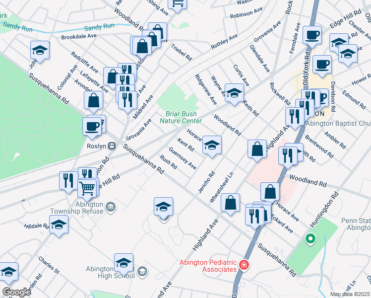 map of restaurants, bars, coffee shops, grocery stores, and more near 2138 Kent Road in Abington