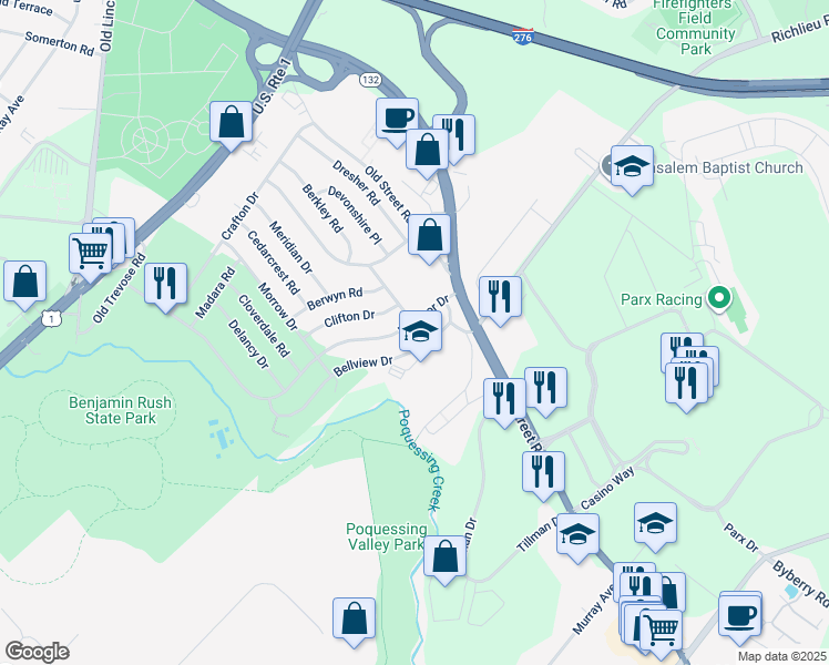 map of restaurants, bars, coffee shops, grocery stores, and more near 2869 Windsor Drive in Bensalem