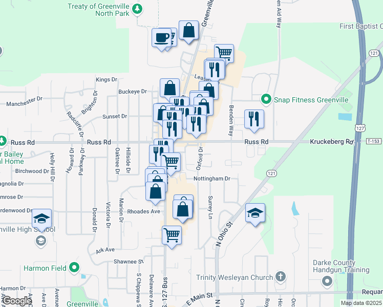 map of restaurants, bars, coffee shops, grocery stores, and more near 695 Wagner Avenue in Greenville
