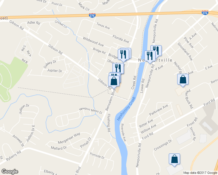 map of restaurants, bars, coffee shops, grocery stores, and more near 1200 Gibson Road in Bensalem
