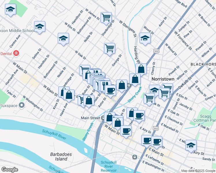 map of restaurants, bars, coffee shops, grocery stores, and more near 631 Astor Street in Norristown
