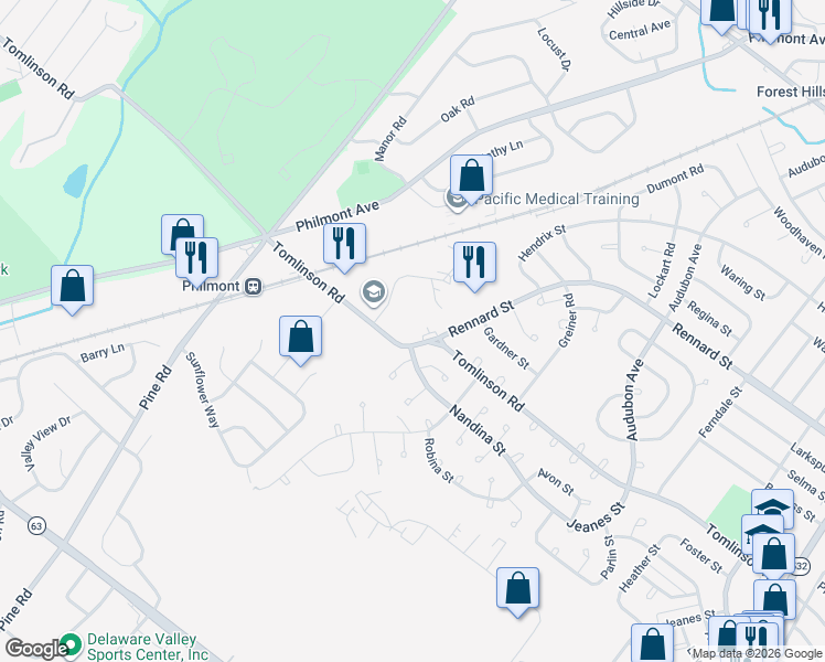 map of restaurants, bars, coffee shops, grocery stores, and more near 15 Tomlinson Road in Montgomery County