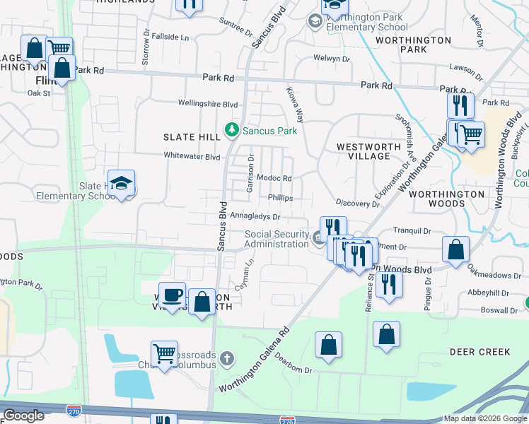map of restaurants, bars, coffee shops, grocery stores, and more near 861 Annagladys Drive in Columbus