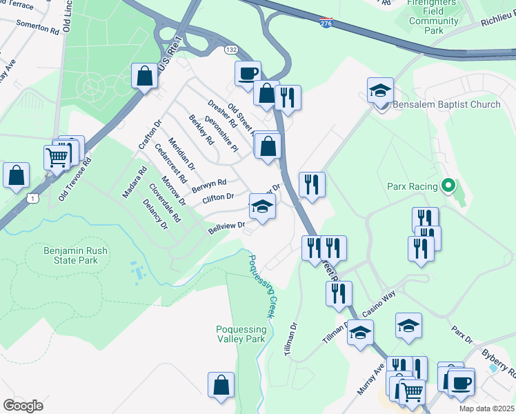 map of restaurants, bars, coffee shops, grocery stores, and more near 2869 Windsor Drive in Bensalem