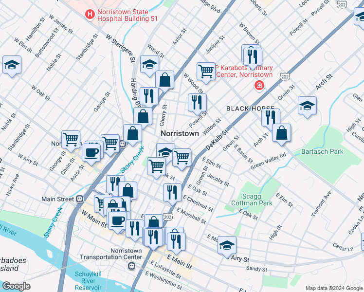 map of restaurants, bars, coffee shops, grocery stores, and more near 15 East Elm Street in Norristown