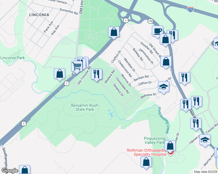 map of restaurants, bars, coffee shops, grocery stores, and more near 3711 Windsor Drive in Bensalem