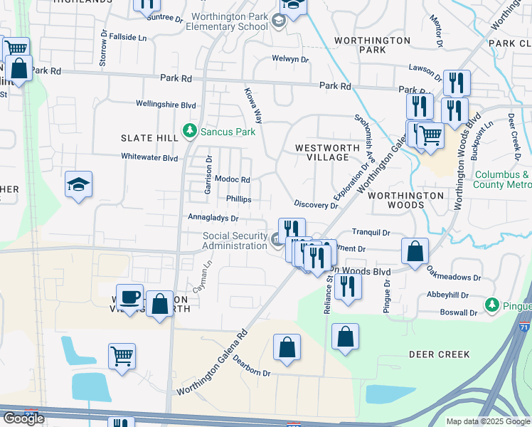 map of restaurants, bars, coffee shops, grocery stores, and more near 990 Annagladys Drive in Columbus