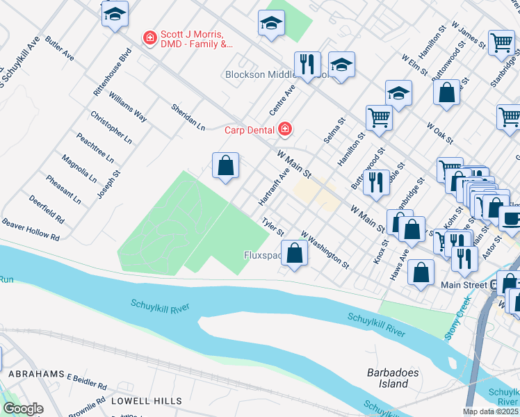 map of restaurants, bars, coffee shops, grocery stores, and more near 30 Hartranft Avenue in Norristown