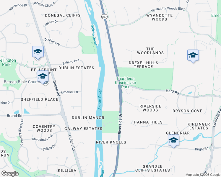 map of restaurants, bars, coffee shops, grocery stores, and more near 7569 Riverside Drive in Dublin