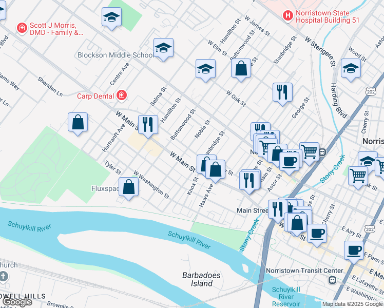 map of restaurants, bars, coffee shops, grocery stores, and more near 916 West Airy Street in Norristown