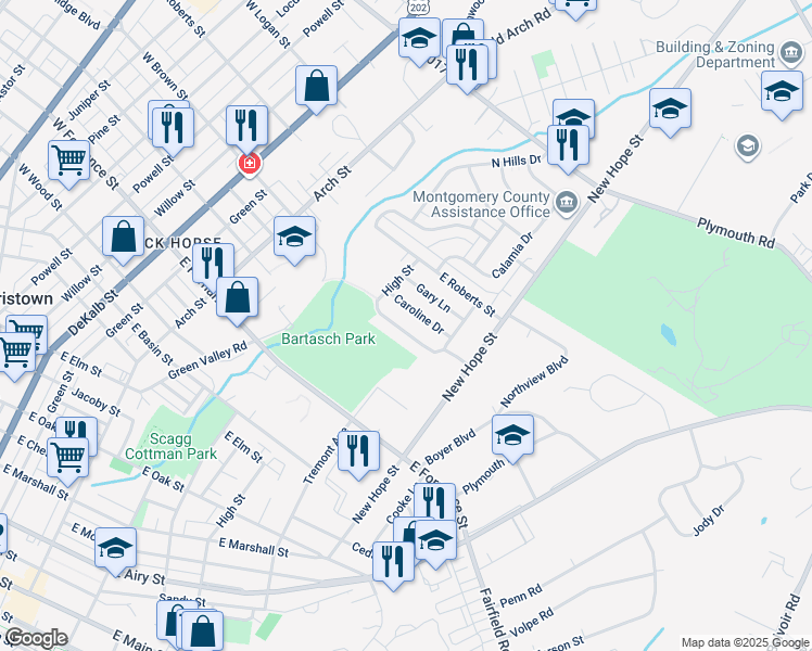 map of restaurants, bars, coffee shops, grocery stores, and more near 623 Linda Lane in Norristown