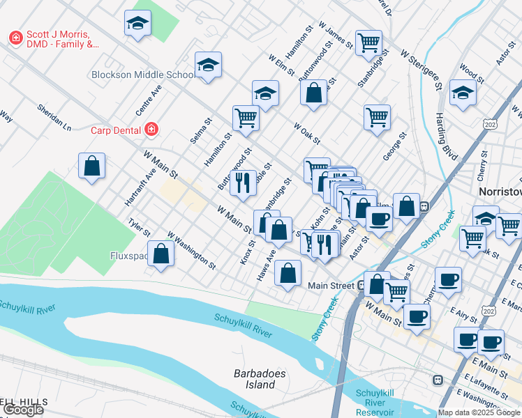 map of restaurants, bars, coffee shops, grocery stores, and more near 507 Stanbridge Street in Norristown