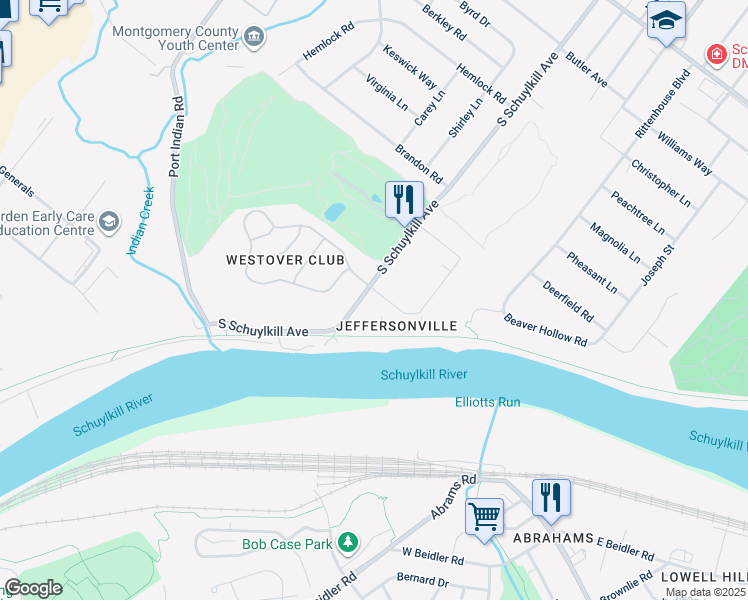 map of restaurants, bars, coffee shops, grocery stores, and more near 103 Riversedge Drive in Norristown