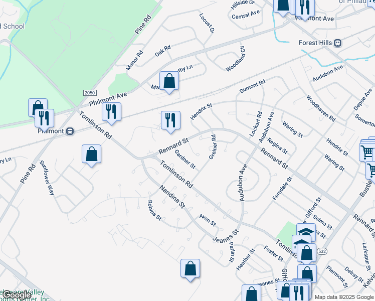 map of restaurants, bars, coffee shops, grocery stores, and more near 110 Rennard Place in Philadelphia