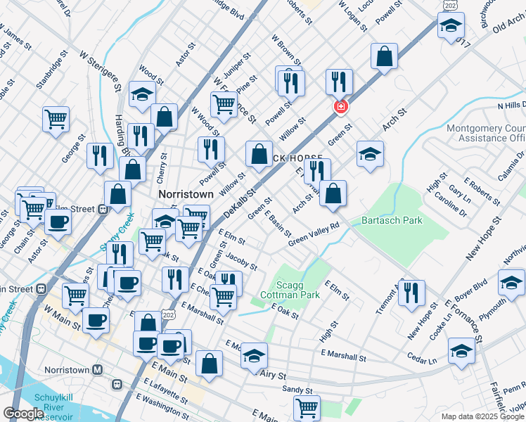 map of restaurants, bars, coffee shops, grocery stores, and more near 1118 Green Street in Norristown