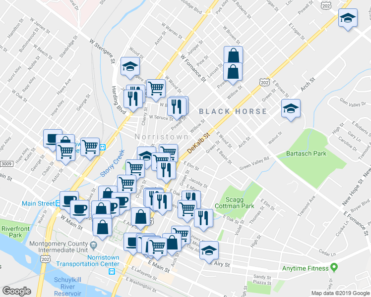 map of restaurants, bars, coffee shops, grocery stores, and more near 1023 U.S. 202 in Norristown