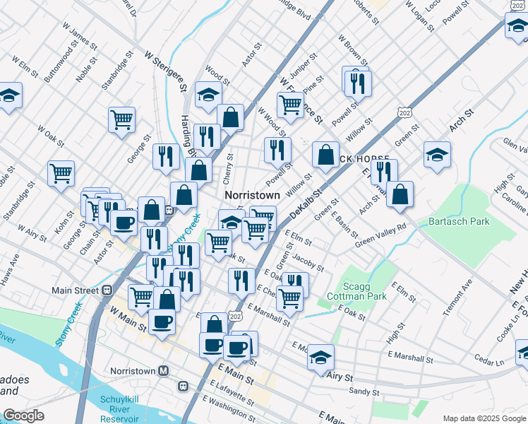 map of restaurants, bars, coffee shops, grocery stores, and more near 1006 Willow Street in Norristown