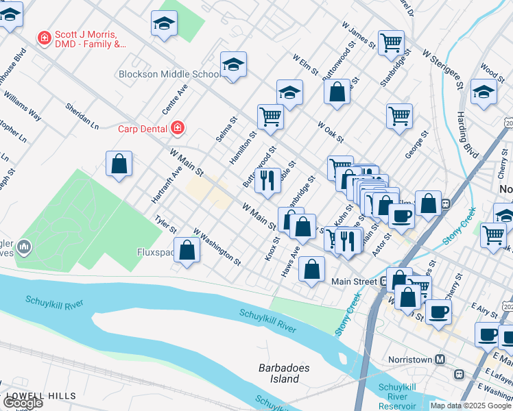 map of restaurants, bars, coffee shops, grocery stores, and more near 1003 West Main Street in Norristown