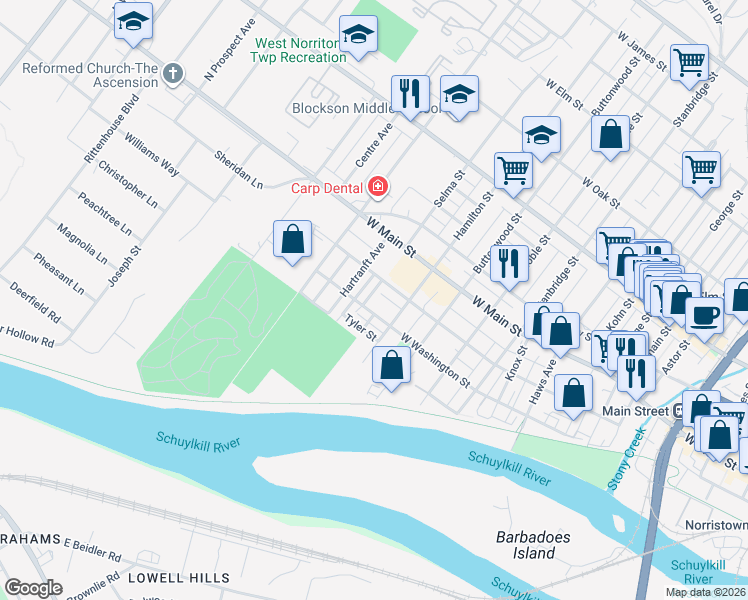 map of restaurants, bars, coffee shops, grocery stores, and more near 1215 West Washington Street in Norristown