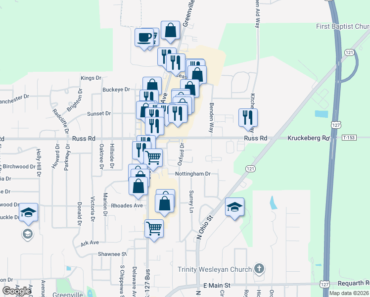 map of restaurants, bars, coffee shops, grocery stores, and more near 309 Oxford Drive in Greenville