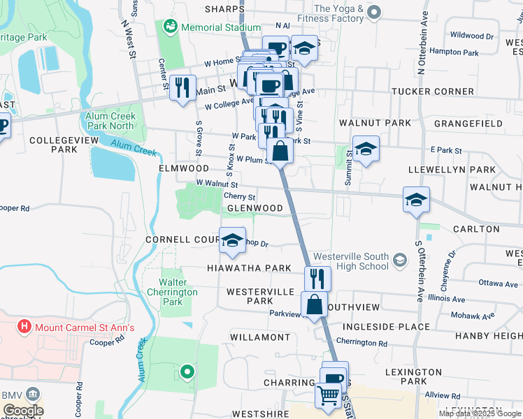 map of restaurants, bars, coffee shops, grocery stores, and more near 52 Glenwood Drive in Westerville