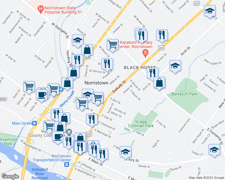 map of restaurants, bars, coffee shops, grocery stores, and more near 1025 DeKalb Street in Norristown