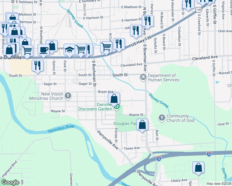 map of restaurants, bars, coffee shops, grocery stores, and more near 802 Bryan Avenue in Danville