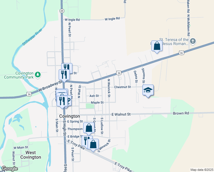 map of restaurants, bars, coffee shops, grocery stores, and more near 301 North Wenrick Street in Covington