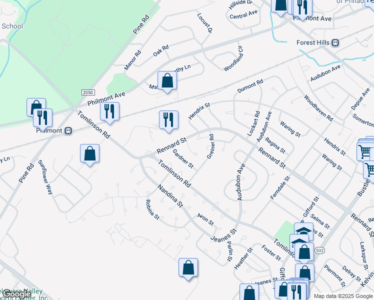 map of restaurants, bars, coffee shops, grocery stores, and more near 110 Rennard Place in Philadelphia