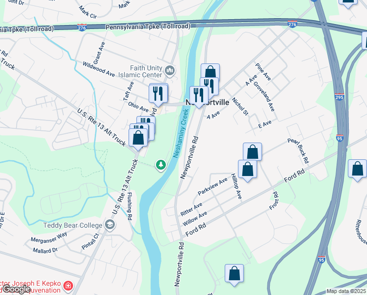 map of restaurants, bars, coffee shops, grocery stores, and more near 3901 Lower Road in Levittown