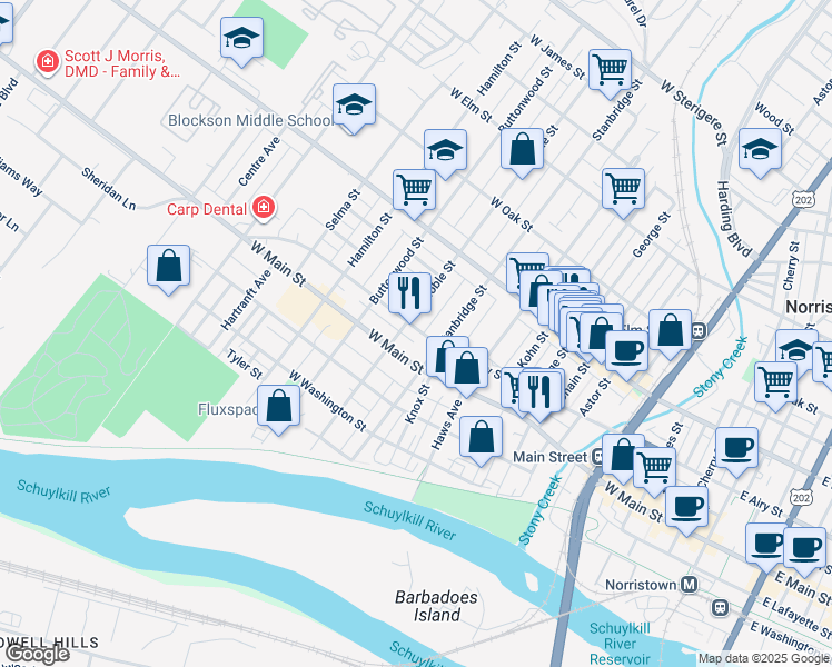 map of restaurants, bars, coffee shops, grocery stores, and more near 916 West Airy Street in Norristown