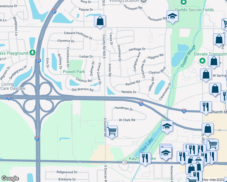 map of restaurants, bars, coffee shops, grocery stores, and more near 2911 Natalie Drive in Champaign