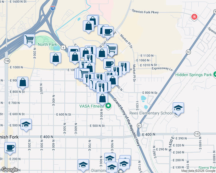map of restaurants, bars, coffee shops, grocery stores, and more near 832 Expressway Lane in Spanish Fork