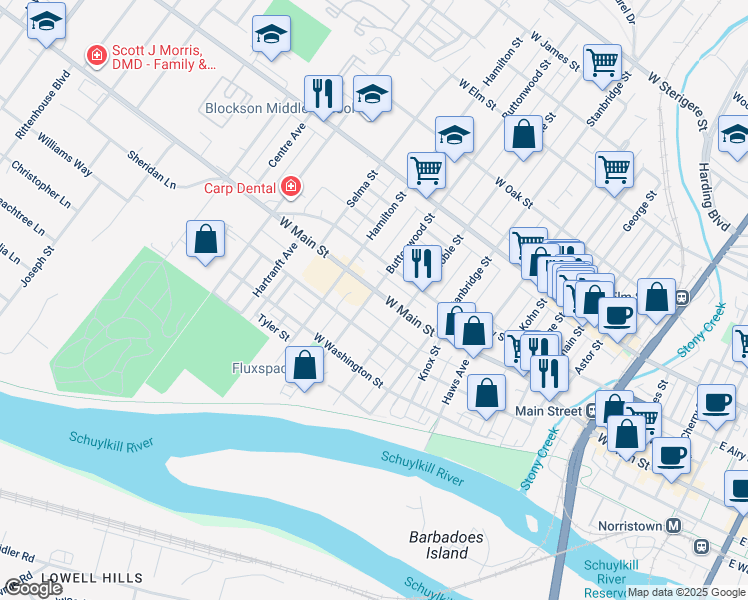 map of restaurants, bars, coffee shops, grocery stores, and more near 1032 West Main Street in Norristown