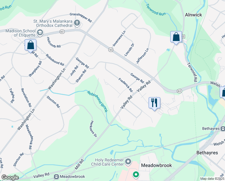 map of restaurants, bars, coffee shops, grocery stores, and more near 1040 Laurel Hill Lane in Jenkintown