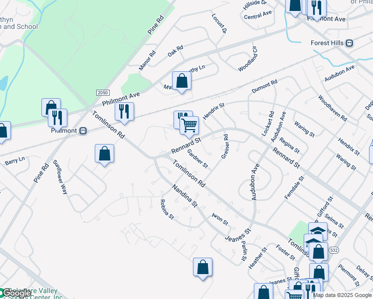 map of restaurants, bars, coffee shops, grocery stores, and more near 11019 Rennard Street in Philadelphia