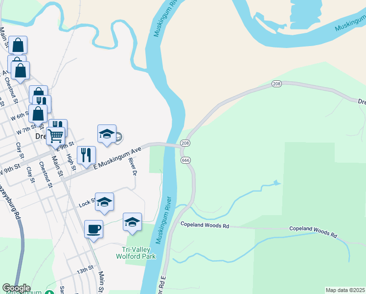 map of restaurants, bars, coffee shops, grocery stores, and more near in Muskingum County
