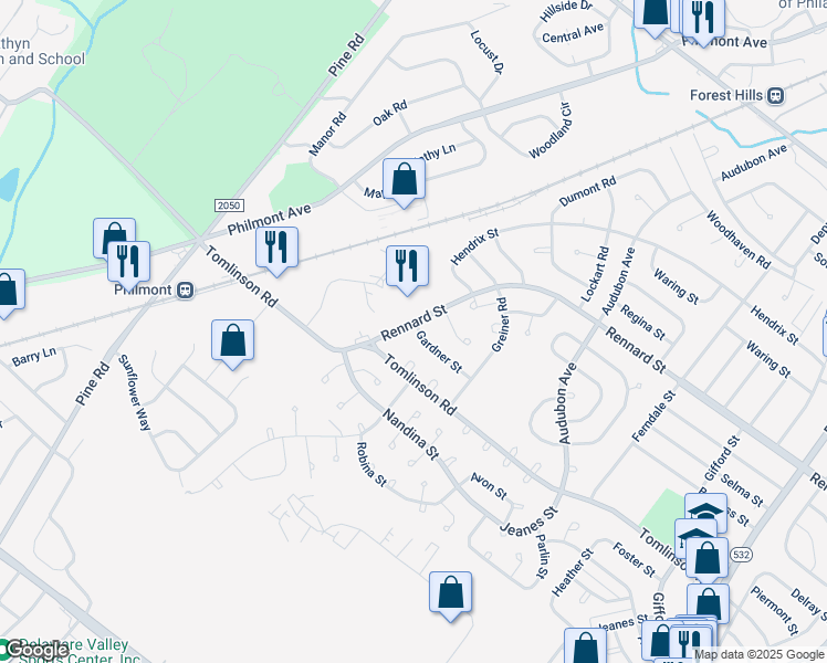 map of restaurants, bars, coffee shops, grocery stores, and more near 11019 Rennard Street in Philadelphia