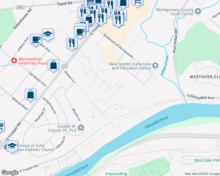 map of restaurants, bars, coffee shops, grocery stores, and more near 336 Norris Hall Lane in Norristown