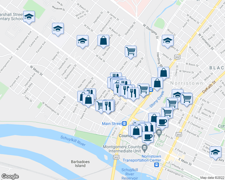 map of restaurants, bars, coffee shops, grocery stores, and more near 614 West Marshall Street in Norristown