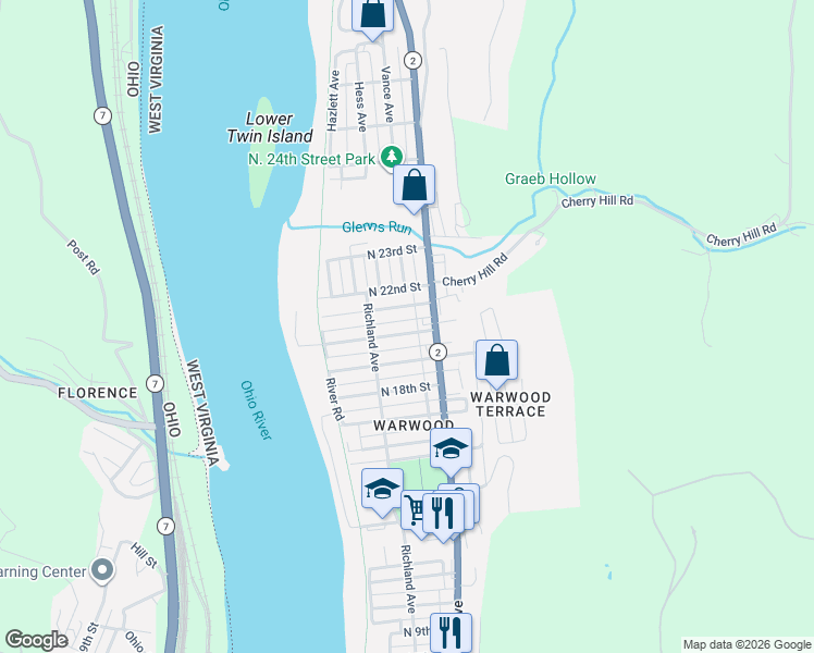 map of restaurants, bars, coffee shops, grocery stores, and more near 104 North 20th Street in Wheeling