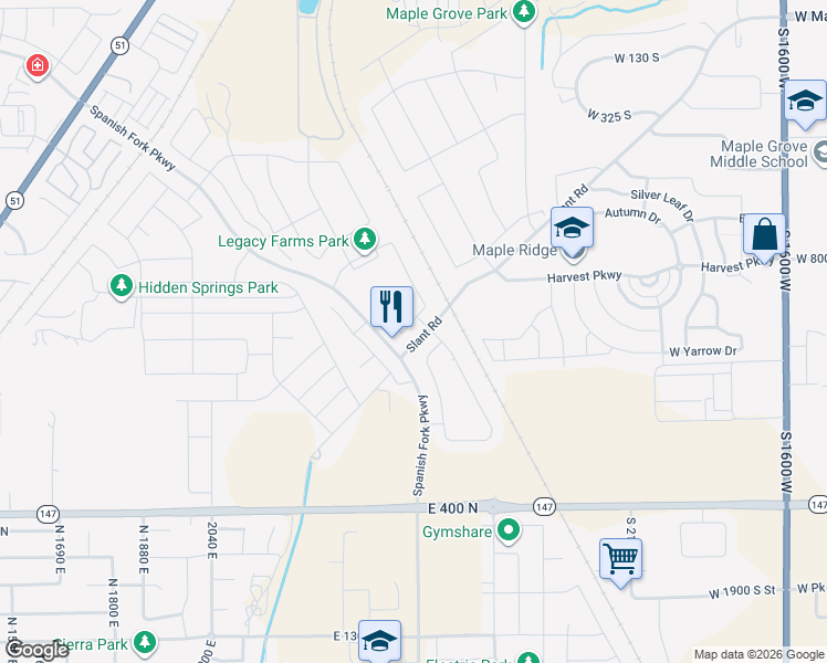 map of restaurants, bars, coffee shops, grocery stores, and more near 2506 E Double Tree Drive in Spanish Fork
