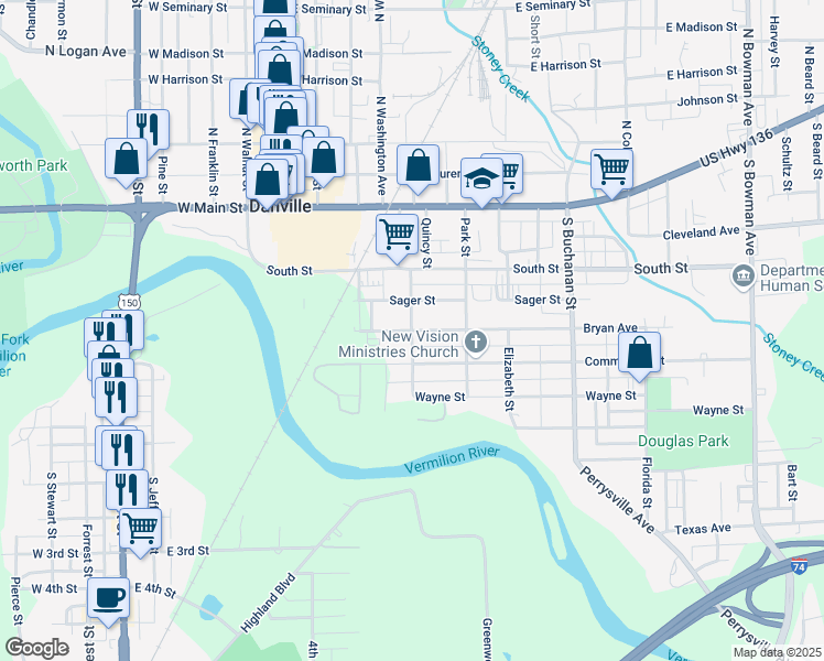 map of restaurants, bars, coffee shops, grocery stores, and more near 400 Bryan Avenue in Danville
