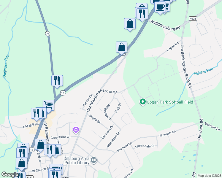 map of restaurants, bars, coffee shops, grocery stores, and more near 5 Logan Road in Dillsburg