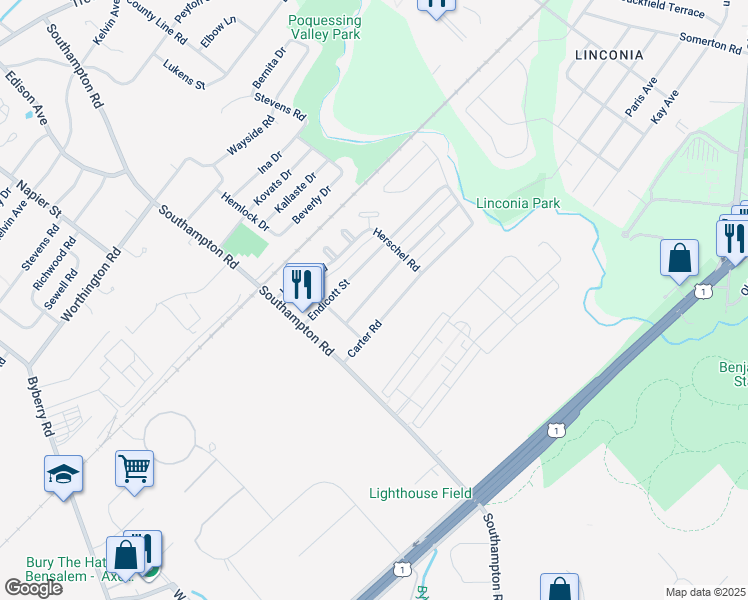 map of restaurants, bars, coffee shops, grocery stores, and more near 15029 Milford Street in Philadelphia