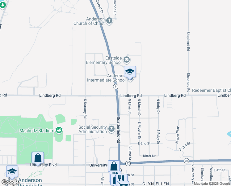 map of restaurants, bars, coffee shops, grocery stores, and more near 2023 Lindberg Road in Anderson