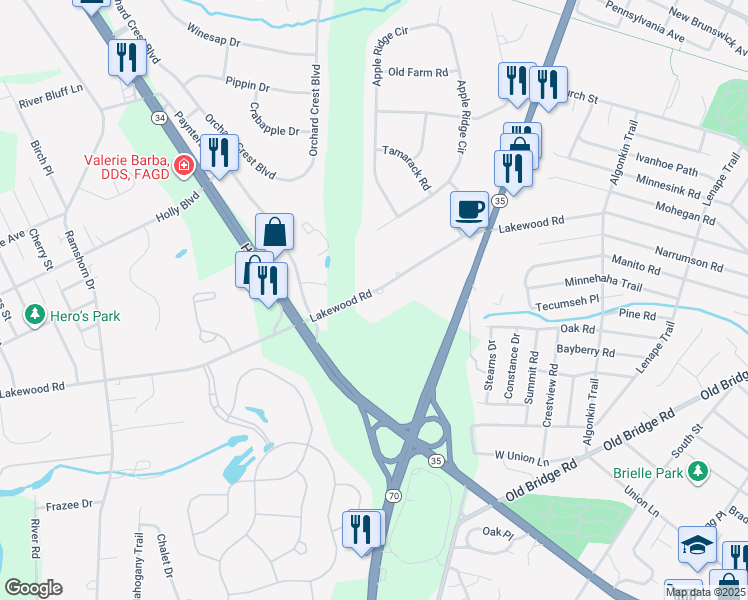 map of restaurants, bars, coffee shops, grocery stores, and more near 1429 Lakewood Road in Manasquan